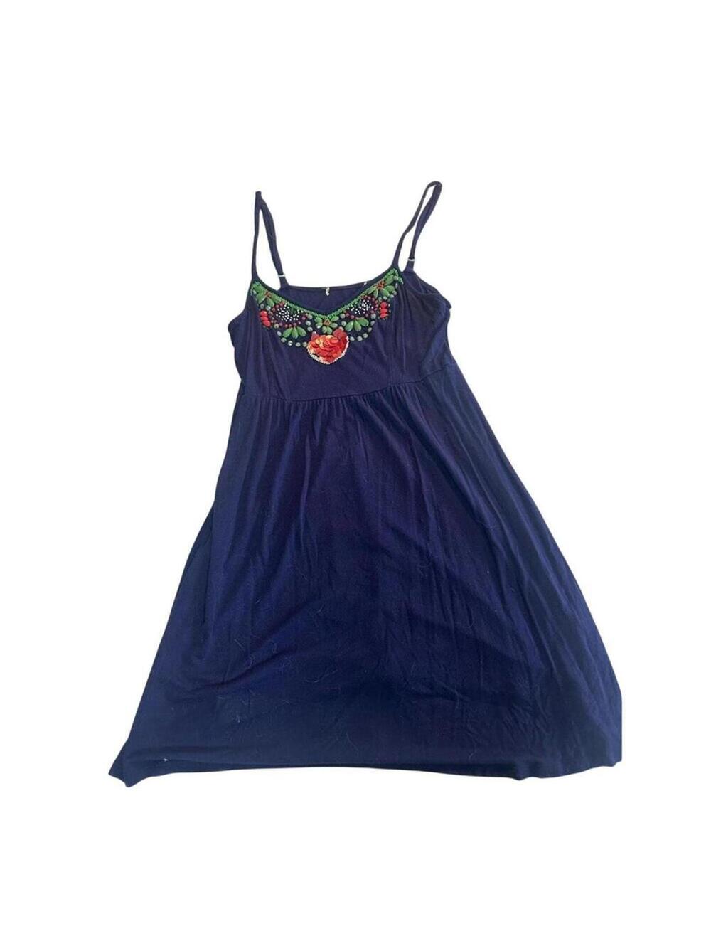 Navy Blue Sleeveless Dress with Colorful Beaded Embellishment